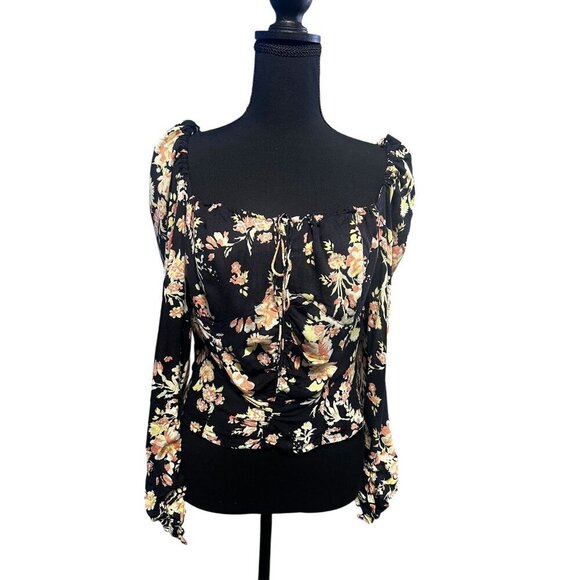 FREE PEOPLE HILARY Floral Print Square Neck Long Sleeve Crop Top Tie Back - Picture 1 of 10